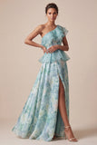 One Shoulder Light Green A Line Ruffled Mother Of the Bride Dress