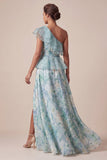 One Shoulder Light Green A Line Ruffled Mother Of the Bride Dress