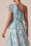 One Shoulder Light Green A Line Ruffled Mother Of the Bride Dress