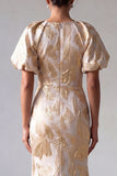 Champagne Mermaid Puff Sleeve Printed Mother Of the Bride Dress