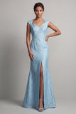 Blue Mermaid Cap Sleeve Mother Of the Bride Dress with Slit