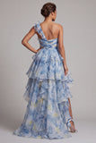 One Shoulder Dusty Blue A Line Ruffled Mother Of the Bride Dress