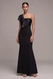 Mermaid One Shoulder Long Black Tie Dress with Bow