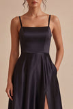 A Line Spaghetti Straps Long Black Tie Dress with Pockets
