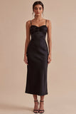 Spaghetti Straps Ruched Mermaid Midi Black Tie Dress