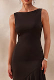 Boat Neck Mermaid Asymmetrical Black Tie Dress with Ruffles