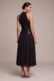 Sparkly High Neck A Line Long Black Tie Dress with Sequins
