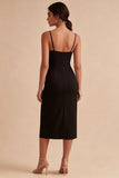 Black Bodycon Midi Spaghetti Straps Formal Dress with Slit