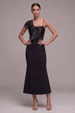 Mermaid Spaghetti Straps Midi Black Tie Dress with Bow
