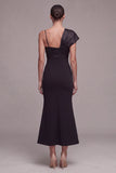 Mermaid Spaghetti Straps Midi Black Tie Dress with Bow