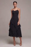 A Line Spaghetti Straps Midi Black Tie Dress with Ruffles