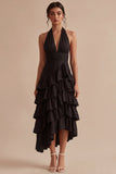 Black A Line Halter Asymmetrical Tiered Backless Formal Dress with Ruffles
