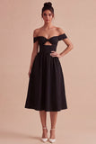 Black Off the Shoulder Keyhole Midi A Line Formal Dress