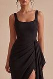 Black Scoop Bodycon Midi Ruched Formal Dress with Sash