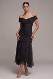 Black Off the Shoulder Mermaid Ruched Long Formal Dress with Ruffles