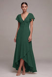 Dark Green V-Neck High Low A Line Formal Dress