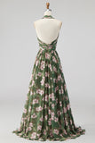 Green Halter Neck Chiffon Ruched A-Line Floral Long Bridesmaid Dress