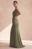 Off The Shoulder Olive Mermaid Ruched Bridesmaid Dress