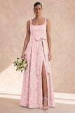 Sage A Line Floral Long Thick Straps Bridesmaid Dress with Bow