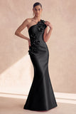 One Shoulder Satin Black Mermaid Long Formal Dress with 3D Flowers