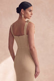 Champagne Mermaid Square Neck 3D Flowers Long Formal Dress with Slit
