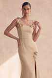 Champagne Mermaid Square Neck 3D Flowers Long Formal Dress with Slit