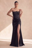 Black Satin Strapless Corset Ruched Mermaid Long Formal Dress with Slit