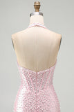 Pink Bodycon Halter Pearls Backless Corset Short Homecoming Dress with Beading