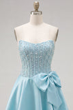 Yellow Sweetheart A-Line Pearls Corset Short Ball Dress with Bow