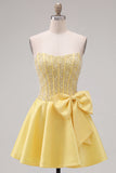 Yellow Sweetheart A-Line Pearls Corset Short Ball Dress with Bow
