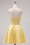 Yellow Sweetheart A-Line Pearls Corset Short Ball Dress with Bow