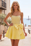 Yellow Sweetheart A-Line Pearls Corset Short Ball Dress with Bow