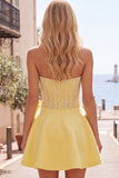 Yellow Sweetheart A-Line Pearls Corset Short Ball Dress with Bow