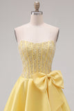 Yellow Sweetheart A-Line Pearls Corset Short Ball Dress with Bow