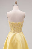 Yellow Sweetheart A-Line Pearls Corset Short Ball Dress with Bow