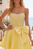 Yellow Sweetheart A-Line Pearls Corset Short Ball Dress with Bow
