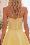 Yellow Sweetheart A-Line Pearls Corset Short Ball Dress with Bow