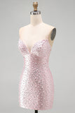 Pink Bodycon Spaghetti Straps Pearls Beaded Short Homecoming Dress