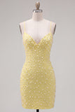 Yellow Pearls Spaghetti Straps Tight Short Ball Dress with Lace Up Back