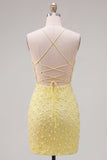 Yellow Pearls Spaghetti Straps Tight Short Ball Dress with Lace Up Back