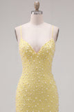 Yellow Pearls Spaghetti Straps Tight Short Ball Dress with Lace Up Back