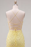 Yellow Pearls Spaghetti Straps Tight Short Ball Dress with Lace Up Back