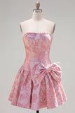 Strapless Purple A-Line Pearls Jacquard Short Ball Dress with Bow