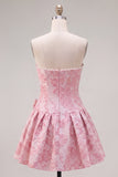 Strapless Purple A-Line Pearls Jacquard Short Ball Dress with Bow