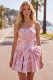 Strapless Purple A-Line Pearls Jacquard Short Ball Dress with Bow