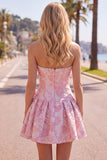 Strapless Purple A-Line Pearls Jacquard Short Ball Dress with Bow