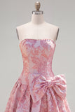 Strapless Purple A-Line Pearls Jacquard Short Ball Dress with Bow