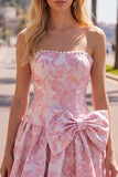 Strapless Purple A-Line Pearls Jacquard Short Ball Dress with Bow