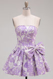 Strapless Purple A-Line Pearls Jacquard Short Ball Dress with Bow