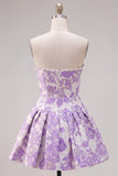 Strapless Purple A-Line Pearls Jacquard Short Ball Dress with Bow